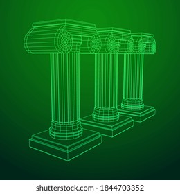 Greek ionic column. Ancient pillars roman antique architecture construction decoration. Wireframe low poly mesh vector illustration.