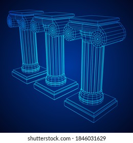 Greek ionic column. Ancient pillars roman antique architecture construction decoration. Wireframe low poly mesh vector illustration.