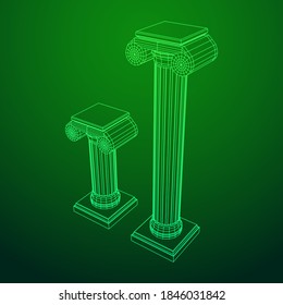 Griechische ionische Säule. Antike Säulen römische antike Architektur Dekoration. Wireframe Low-Poly-Mesh, Vektorgrafik.
