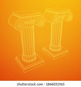 Greek ionic column. Ancient pillars roman antique architecture construction decoration. Wireframe low poly mesh vector illustration.