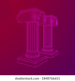 Greek ionic column. Ancient pillars roman antique architecture construction decoration. Wireframe low poly mesh vector illustration.