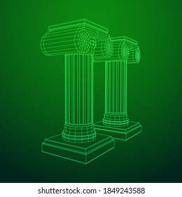 Greek ionic column. Ancient pillars roman antique architecture construction decoration. Wireframe low poly mesh vector illustration.