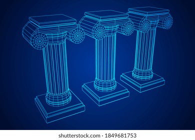 Griechische ionische Säule. Antike Säulen römische antike Architektur Dekoration. Wireframe Low-Poly-Mesh, Vektorgrafik.
