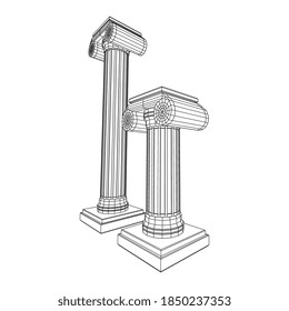 Greek ionic column. Ancient pillars roman antique architecture construction decoration. Wireframe low poly mesh vector illustration.