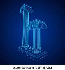 Greek ionic column. Ancient pillars roman antique architecture construction decoration. Wireframe low poly mesh vector illustration.