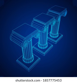 Greek ionic column. Ancient pillars roman antique architecture construction decoration. Wireframe low poly mesh vector illustration.