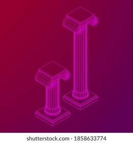 Columna iónica griega. Antiguos pilares romanos de arquitectura antigua, decoración de construcción. Ilustración vectorial de malla baja de malla de malla de alambre.