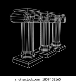 Greek ionic column. Ancient pillars roman antique architecture construction decoration. Wireframe low poly mesh vector illustration.