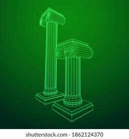 Greek ionic column. Ancient pillars roman antique architecture construction decoration. Wireframe low poly mesh vector illustration.