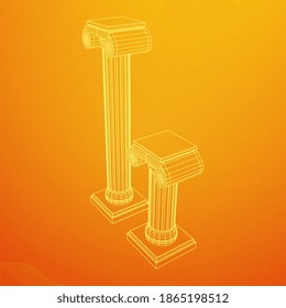 Greek ionic column. Ancient pillars roman antique architecture construction decoration. Wireframe low poly mesh vector illustration.