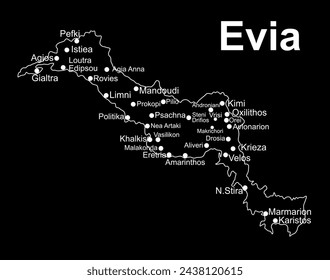 Greek island Euboea map line contour vector silhouette illustration isolated on black background. Evia map silhouette, island of Greece.