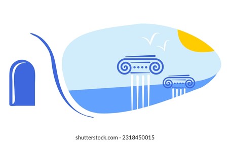 Greek island house, sun, gulls, ancient columns and sea vector illustration