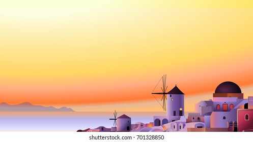 Greek island landscape horizontal banner background. Photorealistic vector. Down sunset landscape.