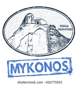 Greek Island, Mykonos, stamps or labels on white background, vector illustration