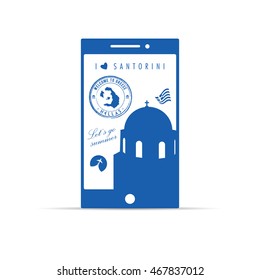 greek island santorini on mobile phone illustration in blue color