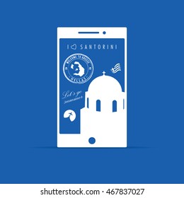 greek island santorini paradise on mobile phone illustration on blue background