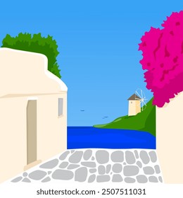 Isla griega en verano. Calle de callejón empedrado y casas de pueblo tradicionales y molino de viento junto al mar. Ilustración vectorial