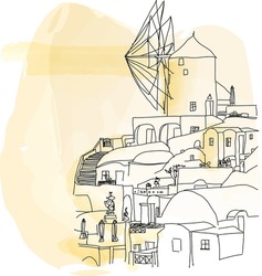 Greek Island At Sunset With Traditional Buildings And Windmill, Vector Illustration
