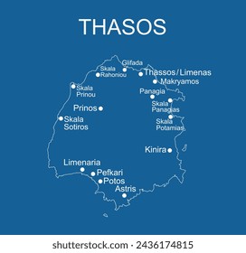 Greek Island Thasos map vector line contour silhouette illustration isolated on blue background.  Thassos map in Greece. Aegean Sea paradise island territory.