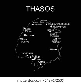 Greek Island Thasos map vector line contour silhouette illustration isolated on black background.  Thassos map in Greece. Aegean Sea paradise island territory.