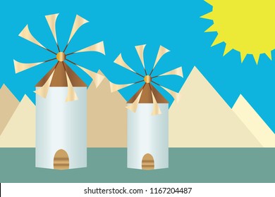 greek island windmills vector - nature mountains background