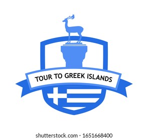 Greek Islands Cruise banner. Vector Logo with Colossus of Rhodes and National flag of Greece.