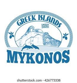 Greek Islands, Mykonos, stamp or label on white background, vector illustration