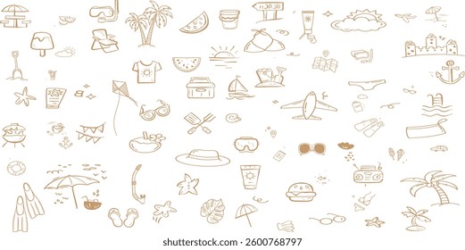 Greek or italian coastal summer vacation doodle style illustration set.