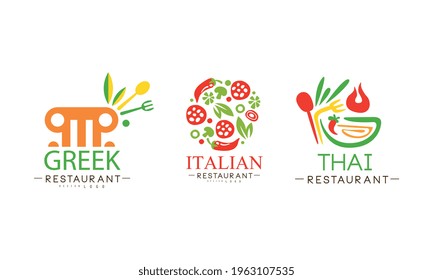 Greek, Italian, Thai Ethnic Cuisines Restaurant Logo Set, National Food Cafe Label, Emblem, Badge Vector Illustration