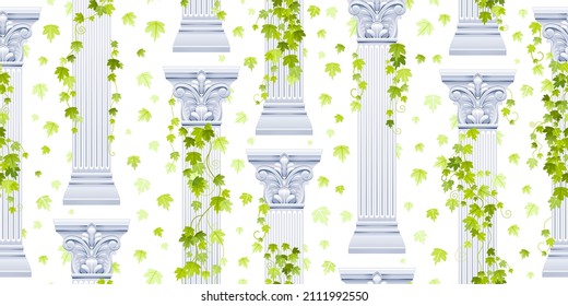 Patrón del pilar de la hiedra griega. Vector antiguo columna de fondo transparente. Ilustración de arquitectura romana griega con planta de hiedra. Diseño antiguo de los edificios de columnas clásicas de roma y grecia. Patrón de casamiento