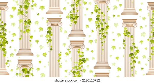 Patrón del pilar de la hiedra griega. Vector antiguo columna de fondo transparente. Ilustración de arquitectura romana griega con planta de hiedra. Diseño antiguo de los edificios de columnas clásicas de roma y grecia. Patrón de casamiento