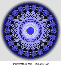 Greek jewelry round ornament. Vector isolated colorful meander pattern. Modern background. Tribal ethnic geometric abstract mandala with greek key ornaments, circle frames, 3d blue gemstone button.