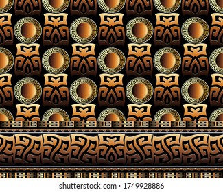 Greek key 3d seamless pattern and border. Geometric vector background. Abstract ancient ornament. Gold meander, circles, mandalas, shapes, Surface texture. Modern design for wallpaper, fabric. Set.