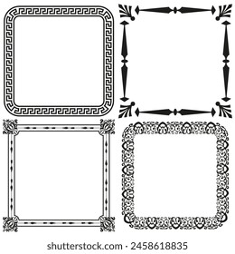 Greek key border frame. Arrowhead corner Vector frame. Floral scrollwork frame. Intricate baroque style frame.