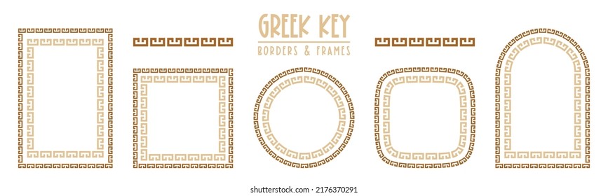Marco de claves griegas y colección de bordes. Un antiguo serpentín decorativo, conjunto ornamental de grecia, motivos geométricos repetidos. Los marcos constan de pequeños ladrillos, fáciles de redimensionar o cambiar la proporción de marcos.