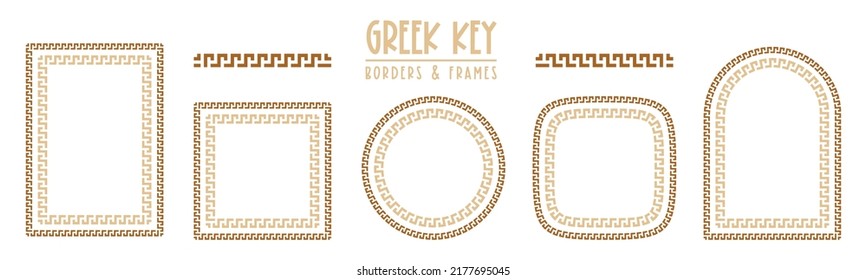 Greek key frames and borders collection. Decorative ancient meander, greece ornamental set, repeated geometric motif. Frames consist from tiny bricks, easy to resize or change frames proportion