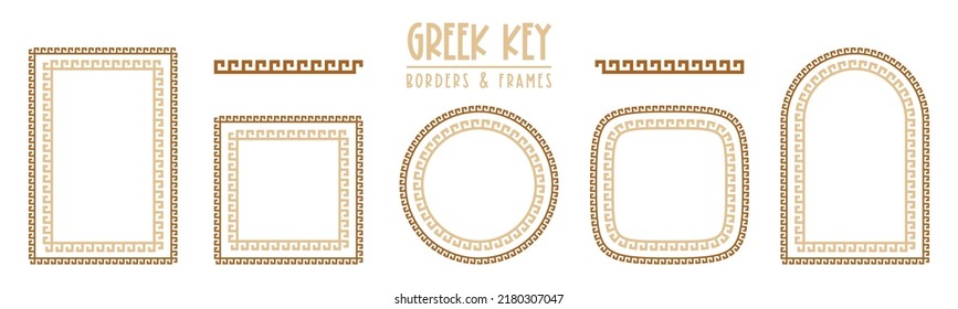 Greek key frames and borders collection. Decorative ancient meander, greece ornamental set, repeated geometric motif. Frames consist from tiny bricks, easy to resize or change frames proportion.