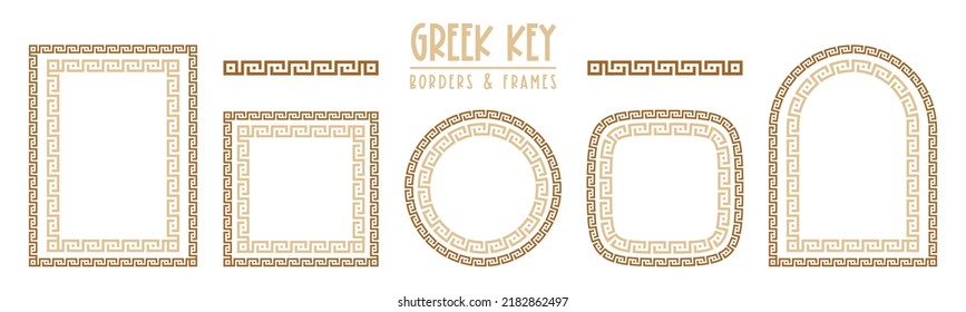 Greek key frames and borders collection. Decorative ancient meander, greece ornamental set, repeated geometric motif. Fframes consist from tiny bricks, easy to resize or change frames proportion