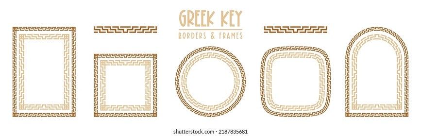Marco de claves griegas y colección de bordes. Un antiguo serpentín decorativo, conjunto ornamental de grecia, motivos geométricos repetidos. Los marcos consisten en pequeños ladrillos, una proporción de marcos fácil de redimensionar o cambiar