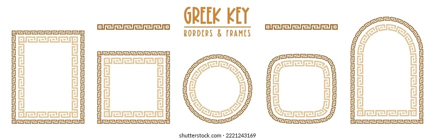 Greek key frames and borders collection. Decorative ancient meander, greece ornamental set, repeated geometric motif. Frames consist from tiny bricks, easy to resize or change frames proportion.