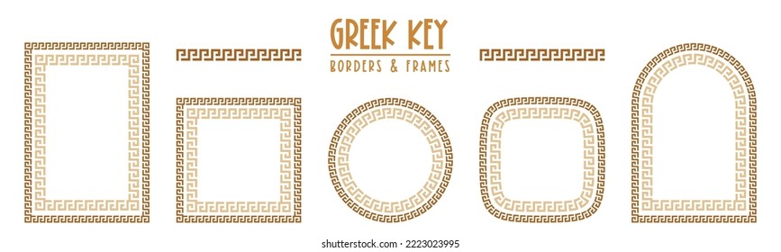 Greek key frames and borders collection. Decorative ancient meander, greece ornamental set, repeated geometric motif. Frames consist from tiny bricks, easy to resize or change frames proportion.