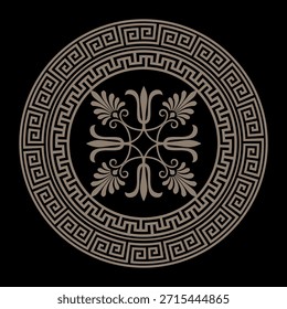 Patrón de meandro clave griega sobre fondo negro. Marco redondo de oro arabesco. Placa con Grande elemento floral en el centro. Patrón egipcio. Marco del modelo para la cerámica del círculo, materia textil, placa, bordado