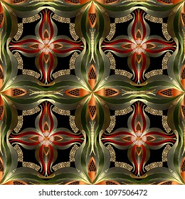 Greek key meander vector seamless pattern. Floral ornamental abstract background. Geometric shapes, lines, stripes. Ornate flowers, leaves, circles. Hand drawn patterned 3d design. Vintage ornaments