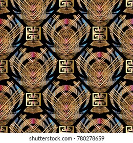 Greek key meander vector seamless pattern. Modern striped geometric colorful background. 3d wallpaper. Abstract ornaments with geometric shapes, radial circles, meander, greek key, stripes, lines.