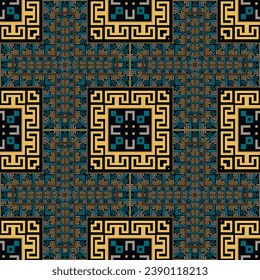 Los medidores de claves griegos revisaron la rejilla sin problemas. Fondo vectorial geométrico moderno con ornamentos de moda, símbolos antiguos de grecia, signos, marcos cuadrados, bordes. Repetir el trasfondo étnico tribal.