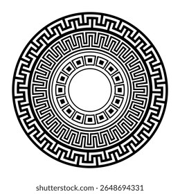 A chave grega é sinuosa. Ornamento geométrico em círculo. Vetor grego redondo pattern.Greek ornamento redondo em cores pretas e brancas. Padrão de vetor. Motivos típicos egípcios, assírios e gregos 