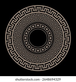 A chave grega é sinuosa. Ornamento geométrico em círculo de ouro. Vetor grego padrão redondo. Ornamento redondo grego na cor dourada. Padrão de vetor. Motivos típicos egípcios, assírios e gregos 