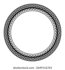 A chave grega é sinuosa. Monocromático clássico grego onda meandro. Arredondar quadro grego. Circular a fronteira europeia. Padrões da Grécia, Roma antiga. Na forma de onda. Onda vitruviana. Para têxteis, gravura