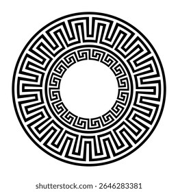 A chave grega serpenteia o quadro redondo no fundo branco. Padrões da Grécia, Roma antiga. Motivos clássicos egípcios, assírios e gregos. Circular a fronteira europeia. Para têxteis, bordados, porcelana, gravura