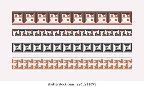 Greek key ornaments collection. Colored meander pattern set. Repeating geometric meandros motif. Greek fret design. Ancient decorative border. Vector decoration